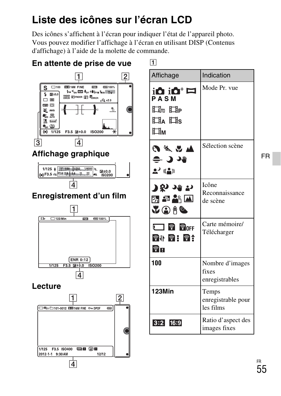 Liste des icônes sur l’écran lcd | Sony NEX-5RL User Manual | Page 121 / 663