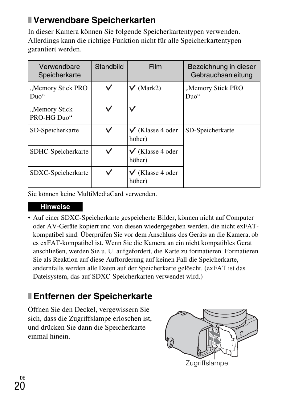 Xverwendbare speicherkarten, Xentfernen der speicherkarte | Sony NEX-5RL User Manual | Page 156 / 663