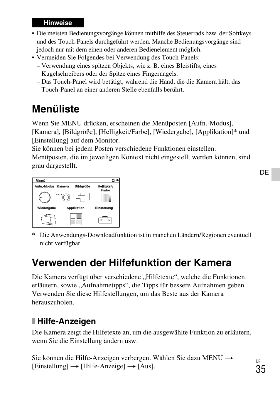 Menüliste, Verwenden der hilfefunktion der kamera, Xhilfe-anzeigen | Sony NEX-5RL User Manual | Page 171 / 663