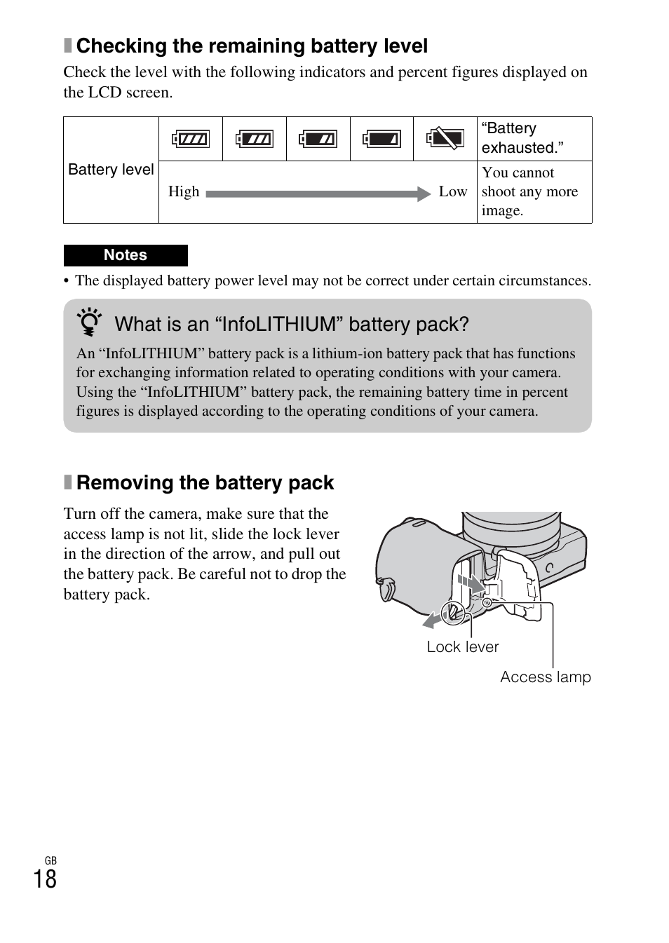 Xchecking the remaining battery level, Xremoving the battery pack, What is an “infolithium” battery pack | Sony NEX-5RL User Manual | Page 18 / 663