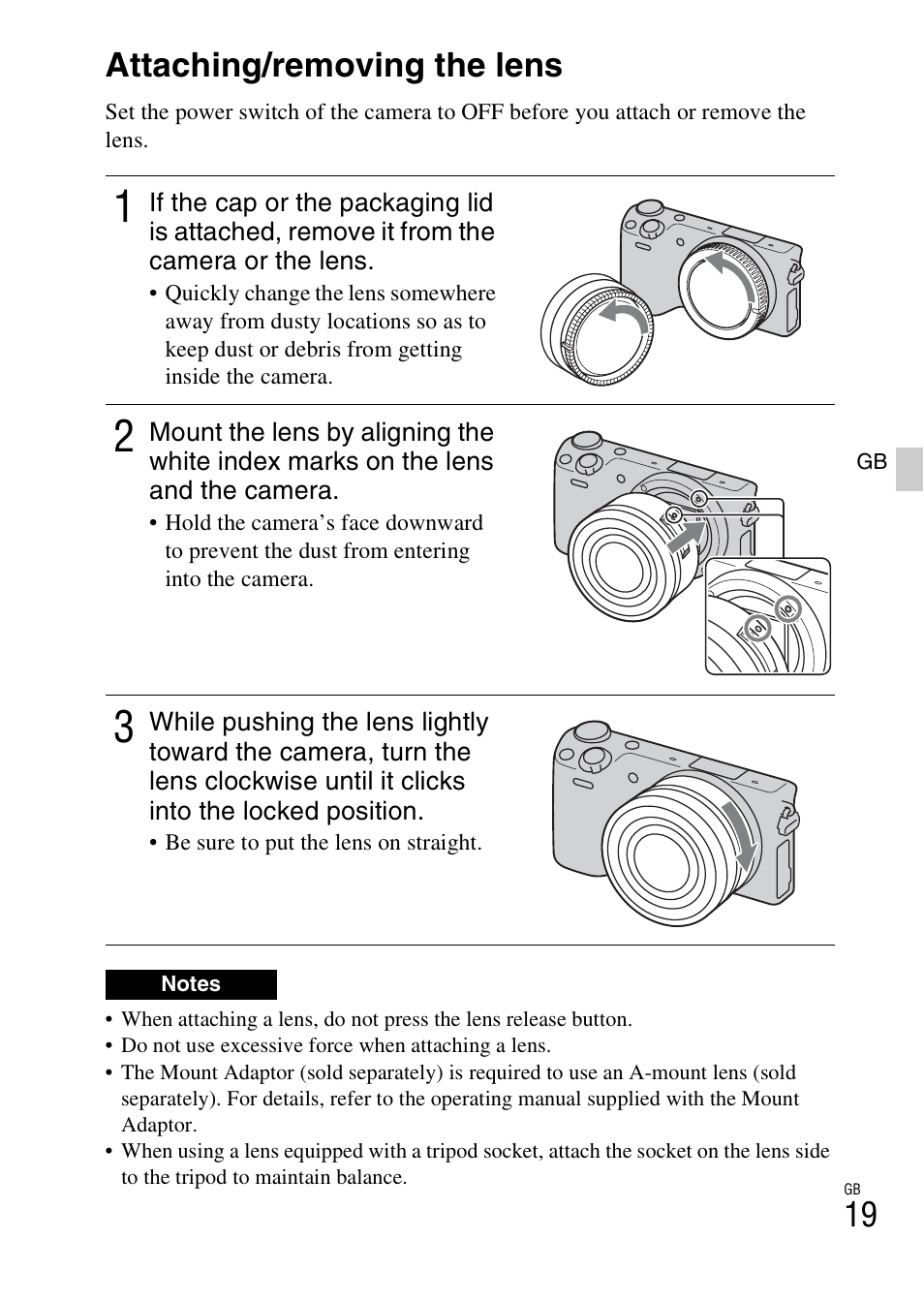 Attaching/removing the lens | Sony NEX-5RL User Manual | Page 19 / 663