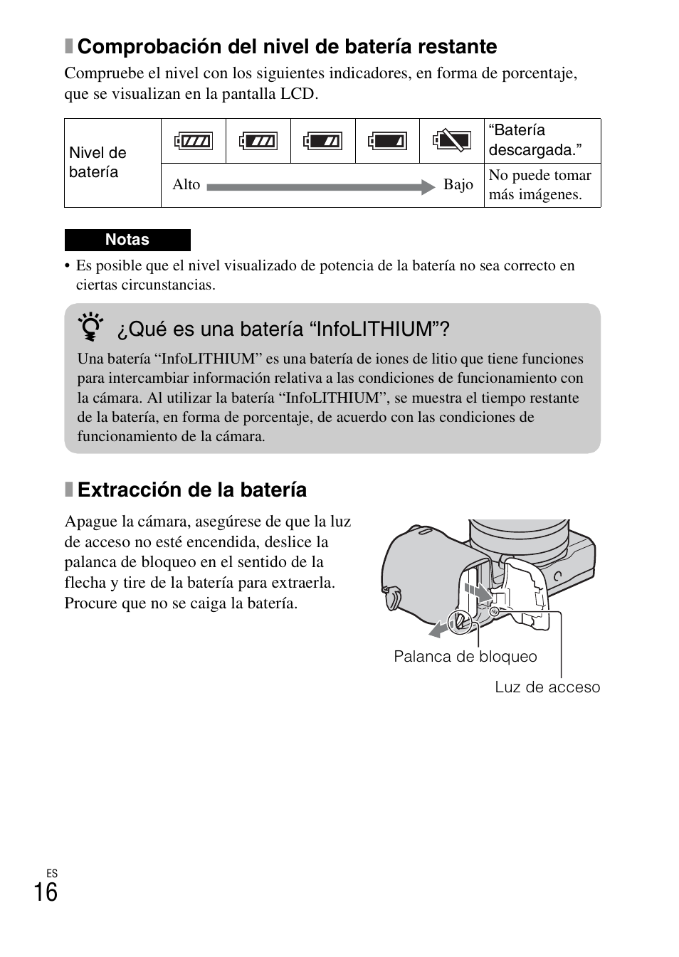 Xcomprobación del nivel de batería restante, Xextracción de la batería, Qué es una batería “infolithium | Sony NEX-5RL User Manual | Page 220 / 663