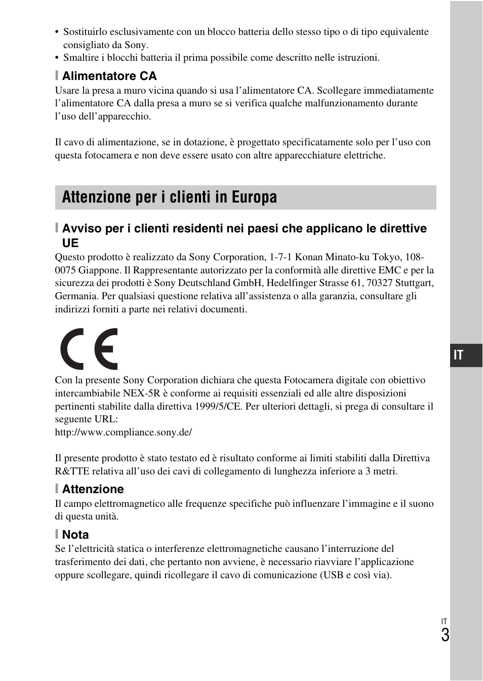 Attenzione per i clienti in europa | Sony NEX-5RL User Manual | Page 275 / 663