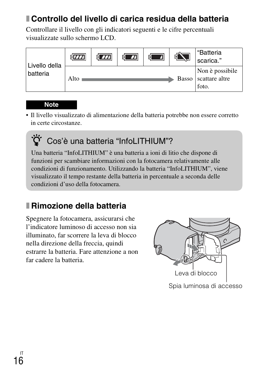 Xrimozione della batteria, Cos’è una batteria “infolithium | Sony NEX-5RL User Manual | Page 288 / 663