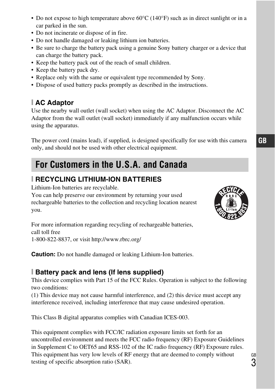 For customers in the u.s.a. and canada | Sony NEX-5RL User Manual | Page 3 / 663