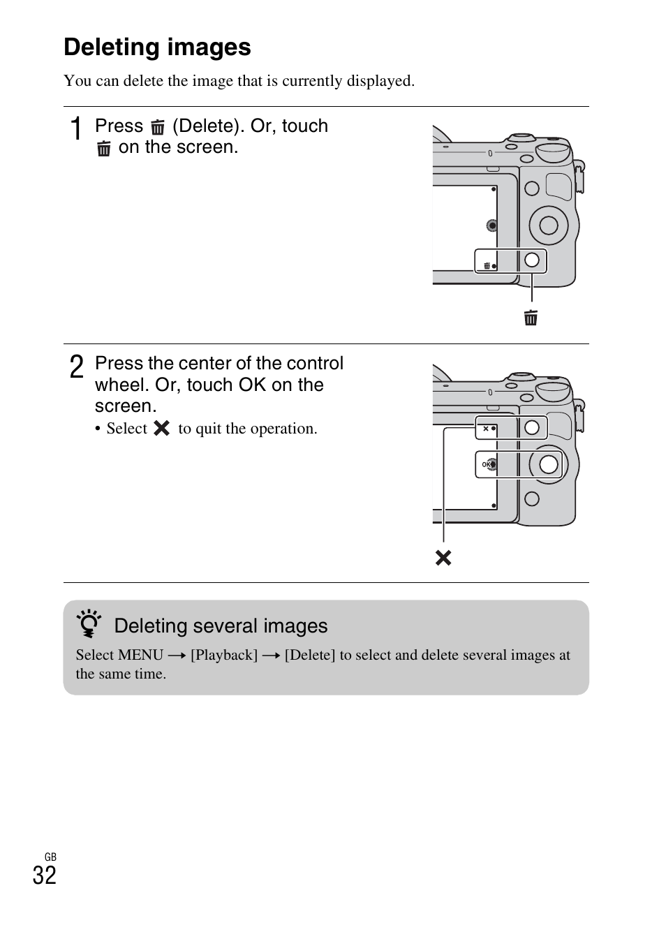 Deleting images, 32 deleting images | Sony NEX-5RL User Manual | Page 32 / 663