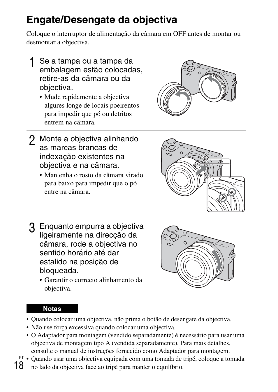 Engate/desengate da objectiva, 18 engate/desengate da objectiva | Sony NEX-5RL User Manual | Page 358 / 663