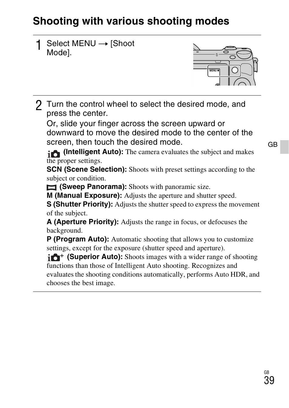 Shooting with various shooting modes | Sony NEX-5RL User Manual | Page 39 / 663