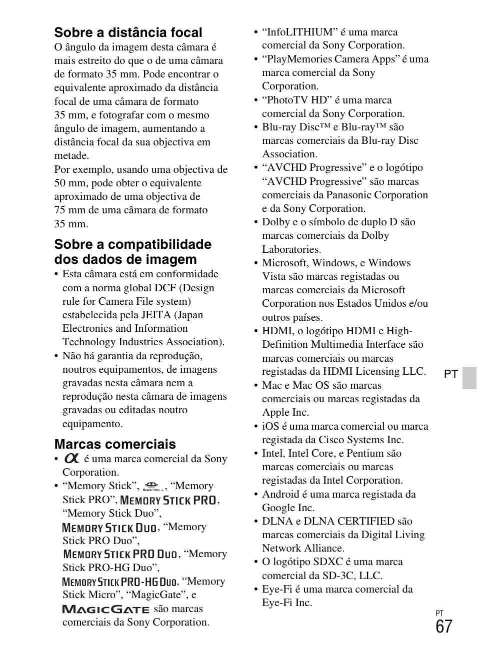Sobre a distância focal, Sobre a compatibilidade dos dados de imagem, Marcas comerciais | Sony NEX-5RL User Manual | Page 407 / 663