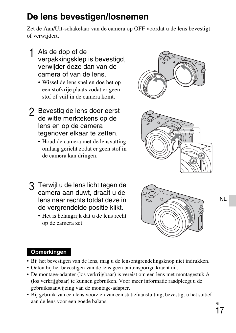 De lens bevestigen/losnemen | Sony NEX-5RL User Manual | Page 425 / 663