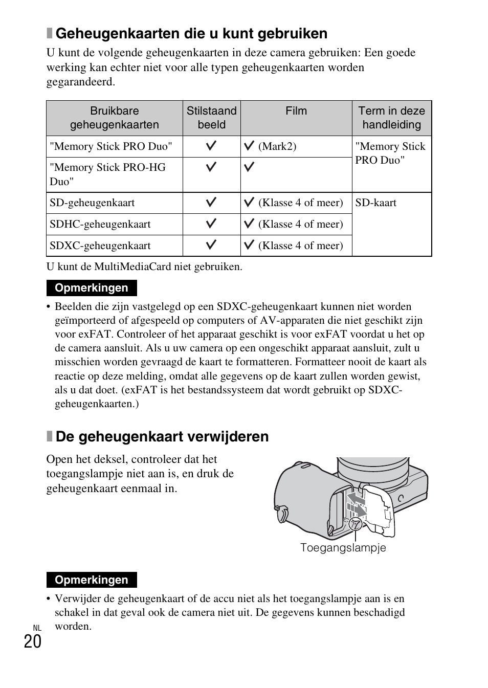 Xgeheugenkaarten die u kunt gebruiken, Xde geheugenkaart verwijderen | Sony NEX-5RL User Manual | Page 428 / 663