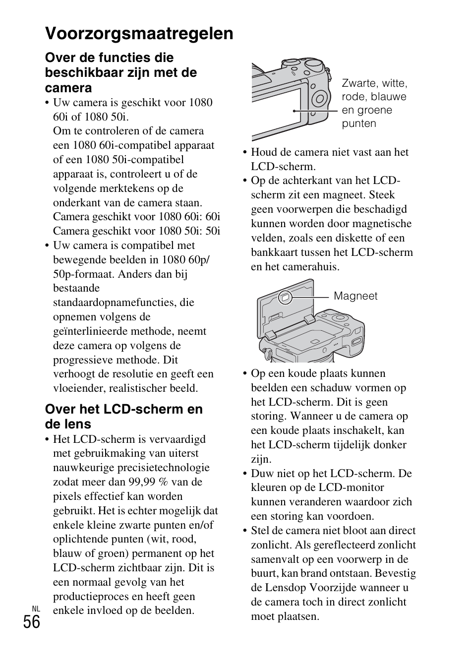 Voorzorgsmaatregelen, 56 voorzorgsmaatregelen | Sony NEX-5RL User Manual | Page 464 / 663