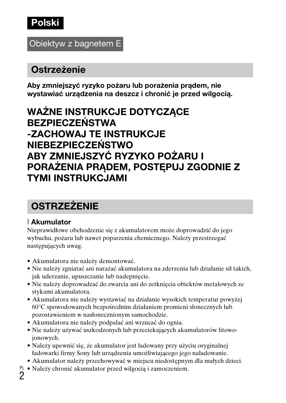 Polski, Ostrzeżenie ostrzeżenie, Obiektyw z bagnetem e | Sony NEX-5RL User Manual | Page 476 / 663