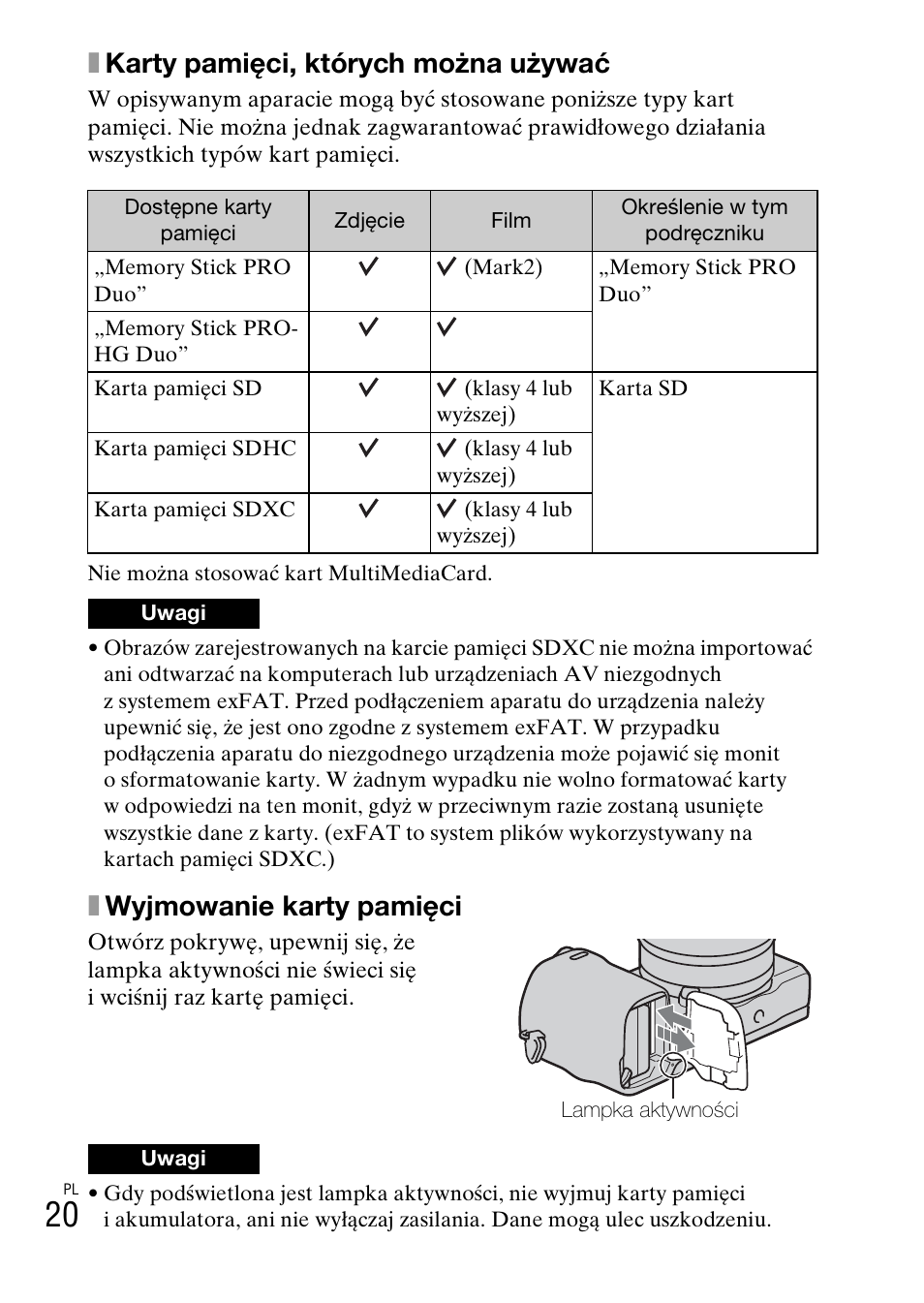 Xkarty pamięci, których można używać, Xwyjmowanie karty pamięci | Sony NEX-5RL User Manual | Page 494 / 663