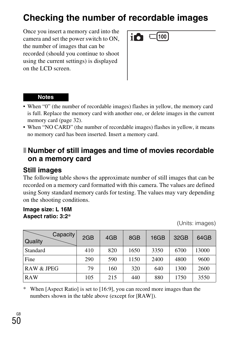 Checking the number of recordable images, Still images | Sony NEX-5RL User Manual | Page 50 / 663