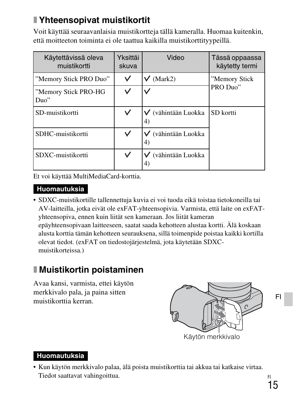 Xyhteensopivat muistikortit, Xmuistikortin poistaminen | Sony NEX-5RL User Manual | Page 587 / 663