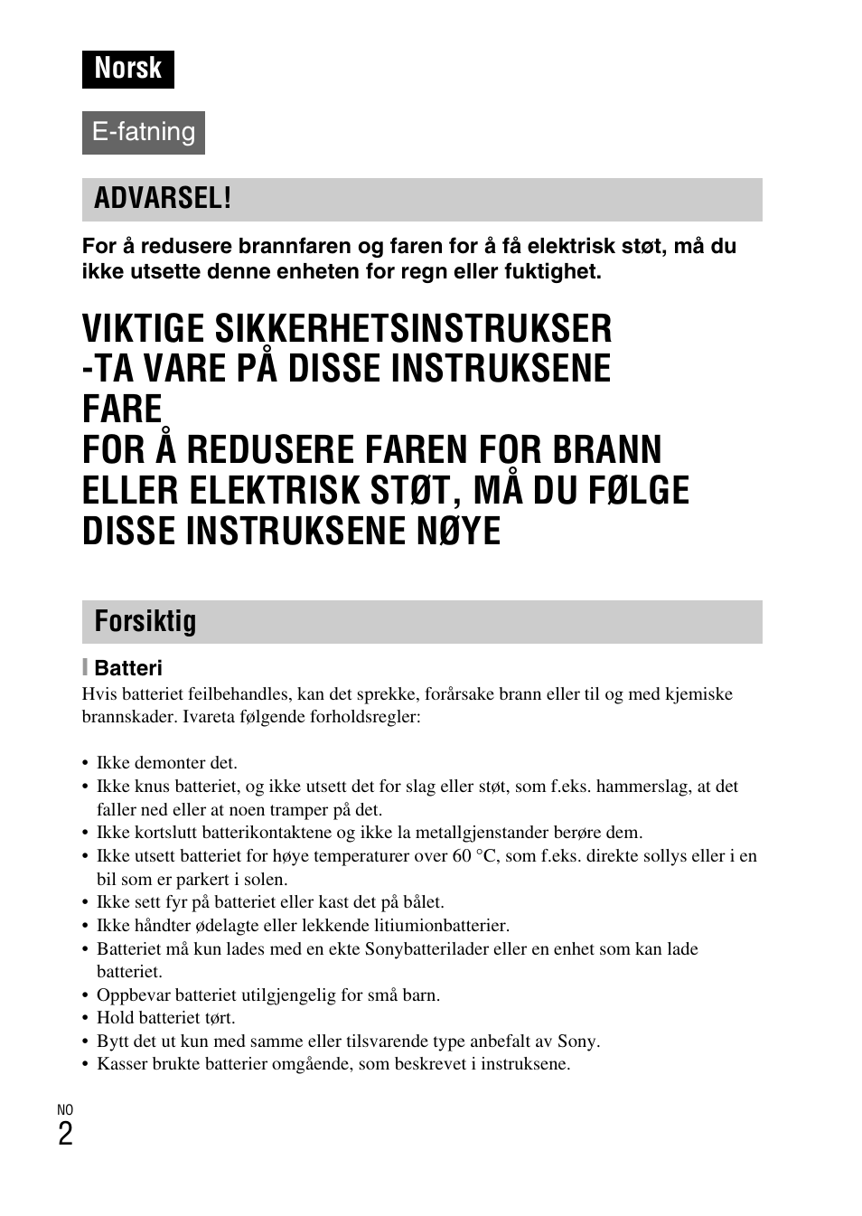 Norsk, Advarsel! forsiktig, E-fatning | Sony NEX-5RL User Manual | Page 604 / 663