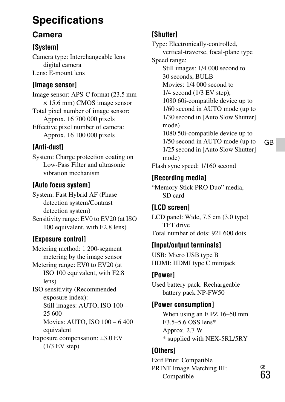 Specifications, Camera | Sony NEX-5RL User Manual | Page 63 / 663