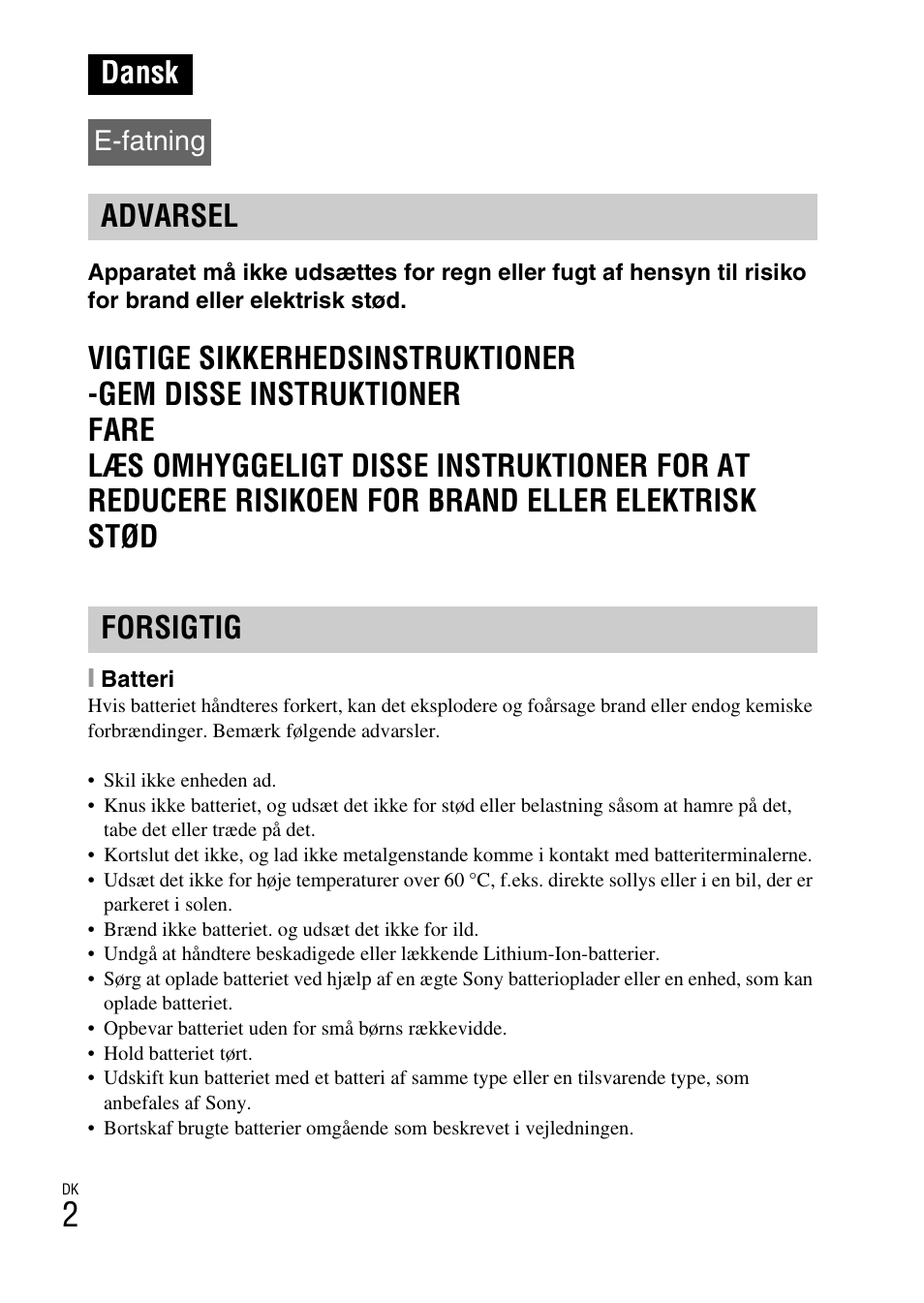 Dansk, Advarsel forsigtig, E-fatning | Sony NEX-5RL User Manual | Page 634 / 663