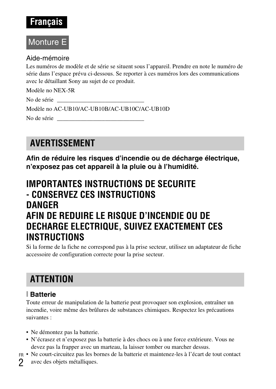 Français, Avertissement attention, Monture e | Sony NEX-5RL User Manual | Page 68 / 663