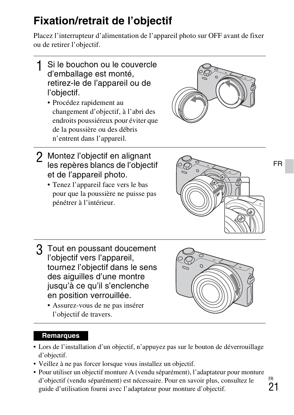 Fixation/retrait de l’objectif | Sony NEX-5RL User Manual | Page 87 / 663