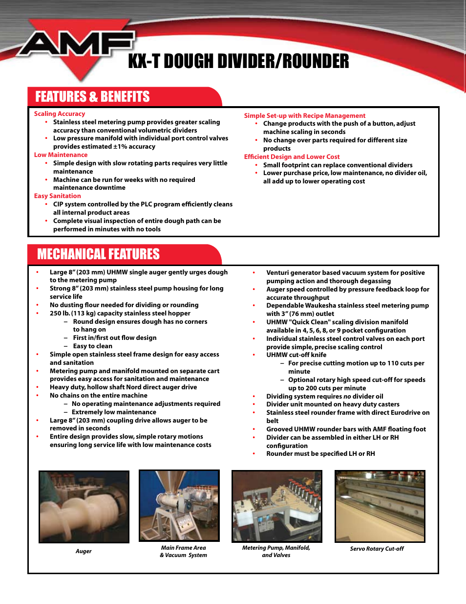 Kx-t dough divider/rounder, Features, Benefits | Mechanical features | AMF Dough Divider/Rounder KX-T User Manual | Page 2 / 4
