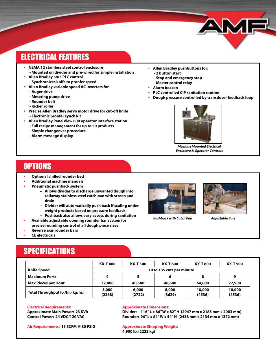 Options specifications, Electrical features | AMF Dough Divider/Rounder KX-T User Manual | Page 3 / 4