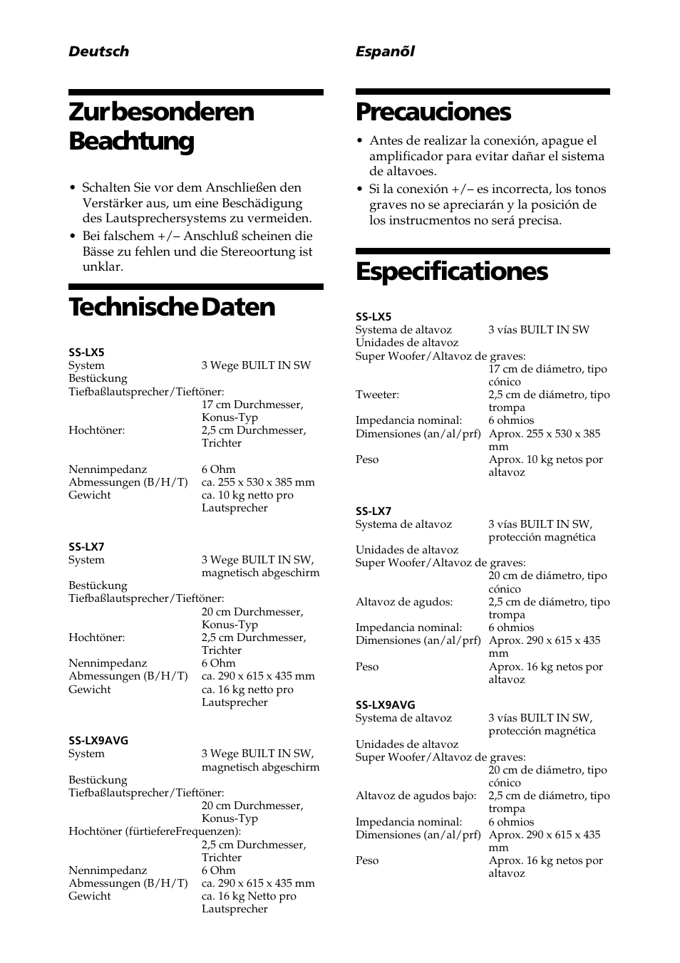 Zur besonderen beachtung, Technische daten, Precauciones | Especificationes, Deutsch, Espanõl | Sony SS-LX5 User Manual | Page 3 / 12