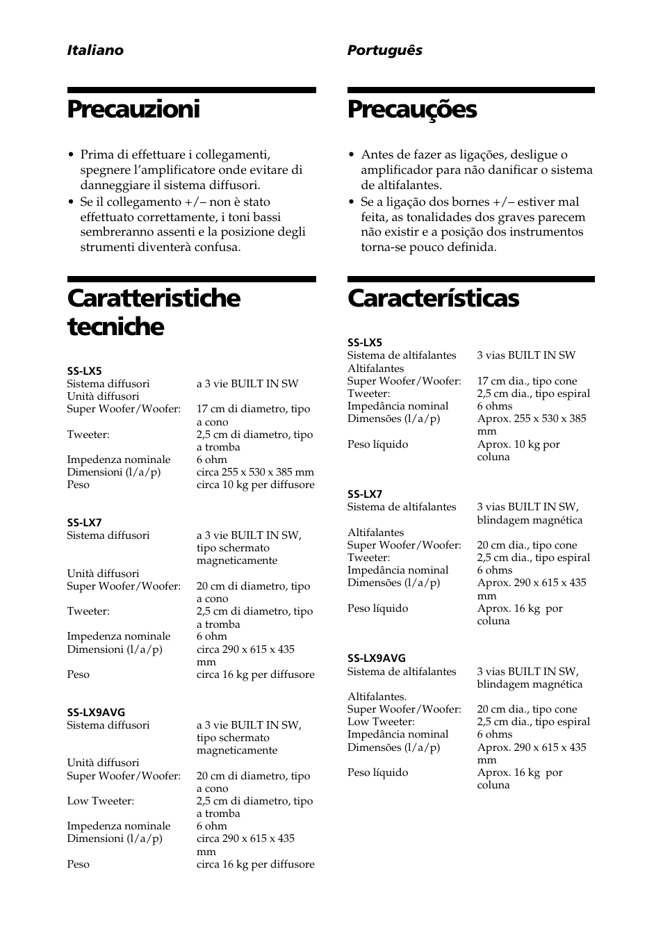 Precauzioni, Caratteristiche tecniche, Precauções | Características, Italiano, Português | Sony SS-LX5 User Manual | Page 4 / 12