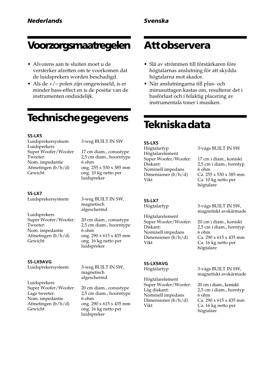 Att observera, Tekniska data, Voorzorgsmaatregelen | Technische gegevens, Svenska, Nederlands | Sony SS-LX5 User Manual | Page 5 / 12