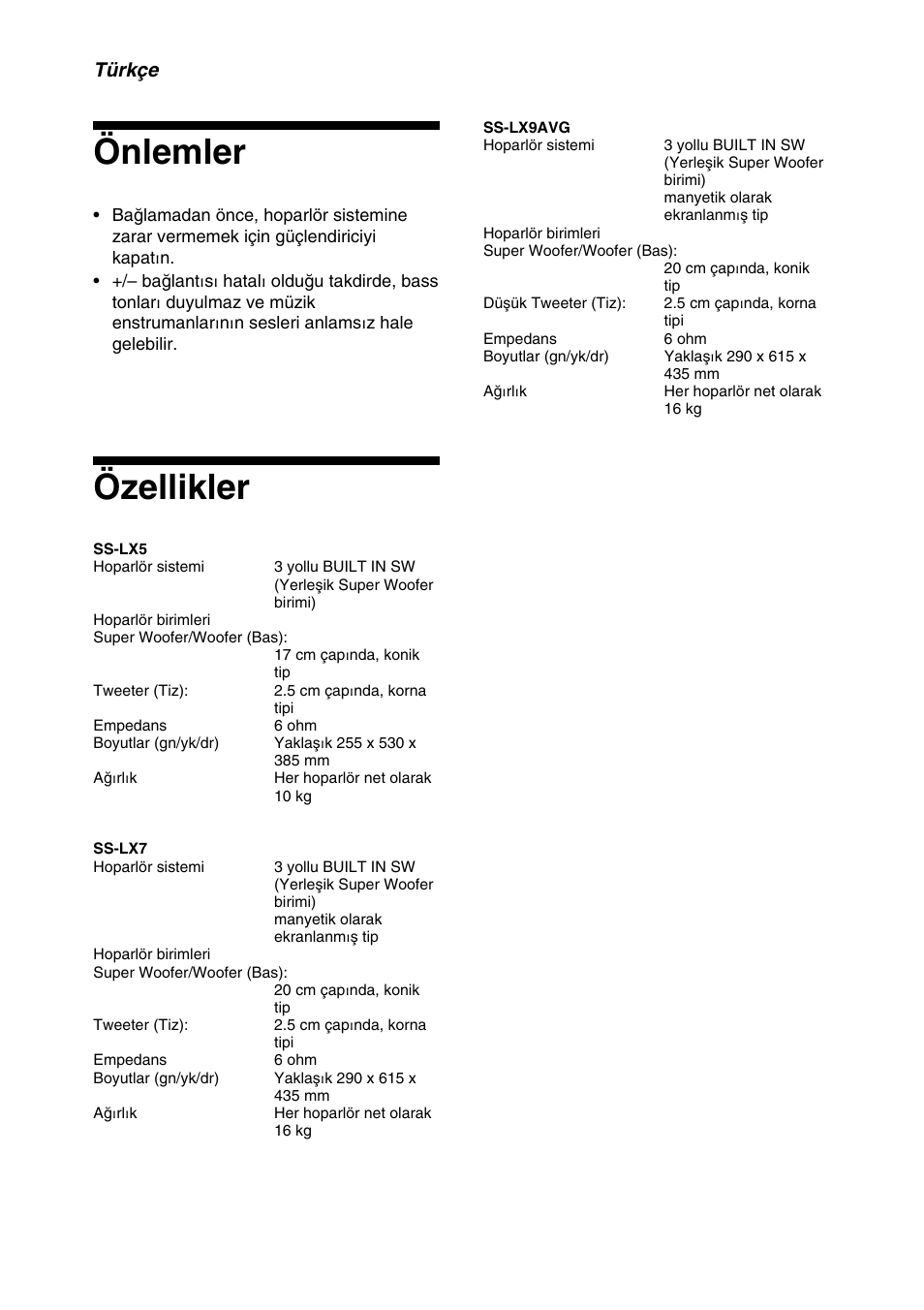 Önlemler, Özellikler | Sony SS-LX5 User Manual | Page 9 / 12