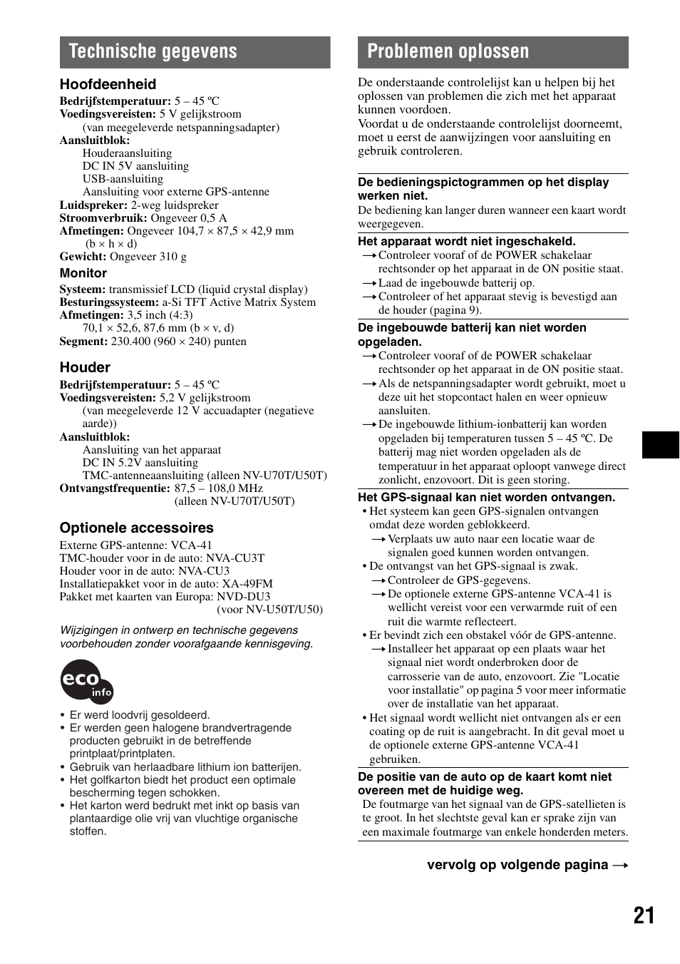 Technische gegevens, Problemen oplossen, Technische gegevens problemen oplossen | Sony NV-U50 User Manual | Page 103 / 216