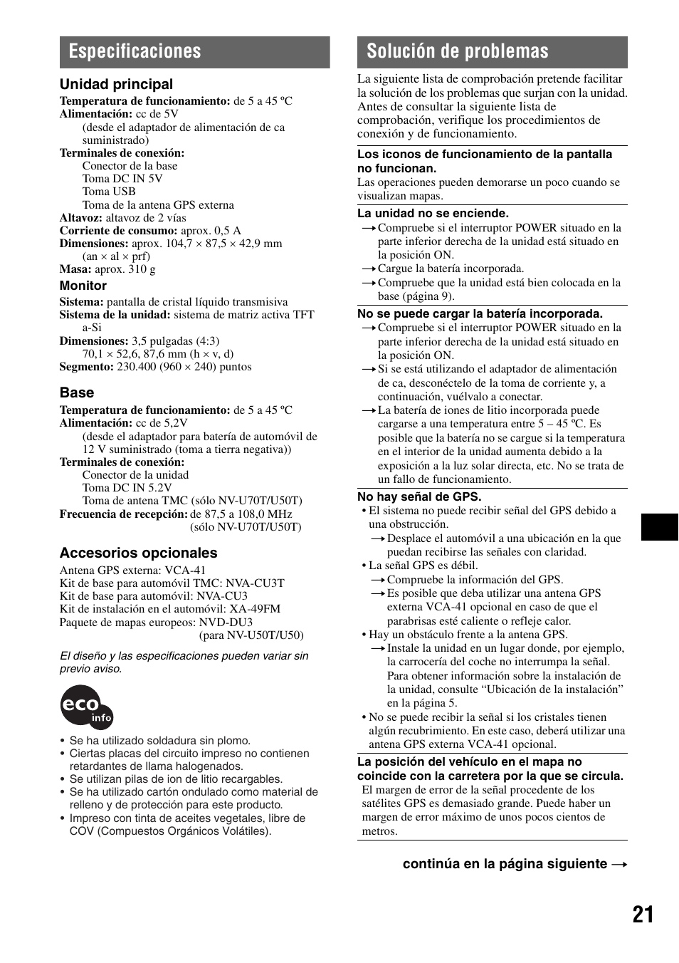 Especificaciones, Solución de problemas, Especificaciones solución de problemas | Sony NV-U50 User Manual | Page 125 / 216