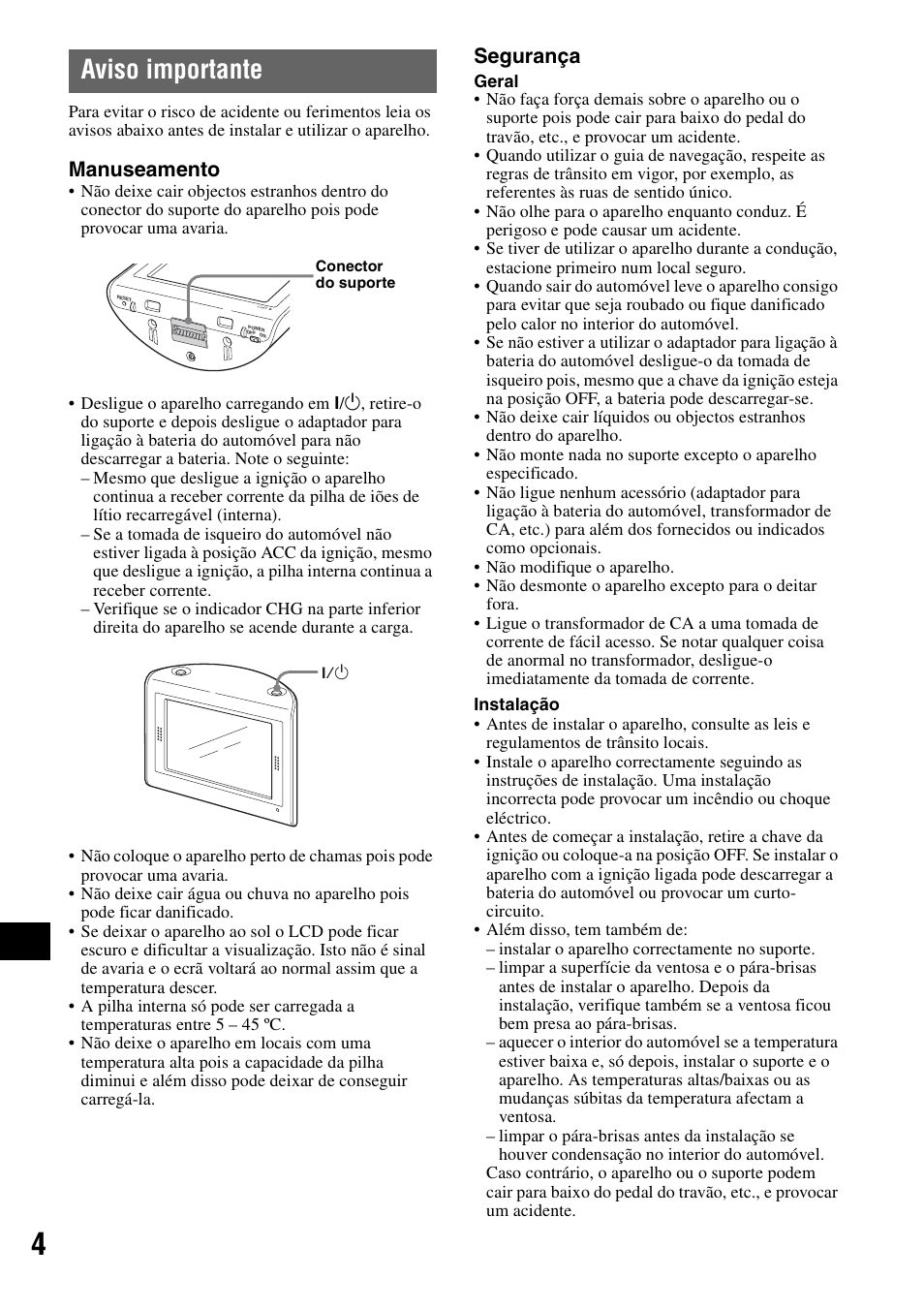 Aviso importante, Manuseamento, Segurança | Sony NV-U50 User Manual | Page 150 / 216