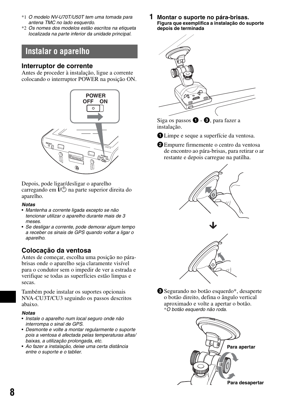 Instalar o aparelho, Interruptor de corrente, Colocação da ventosa | Sony NV-U50 User Manual | Page 154 / 216