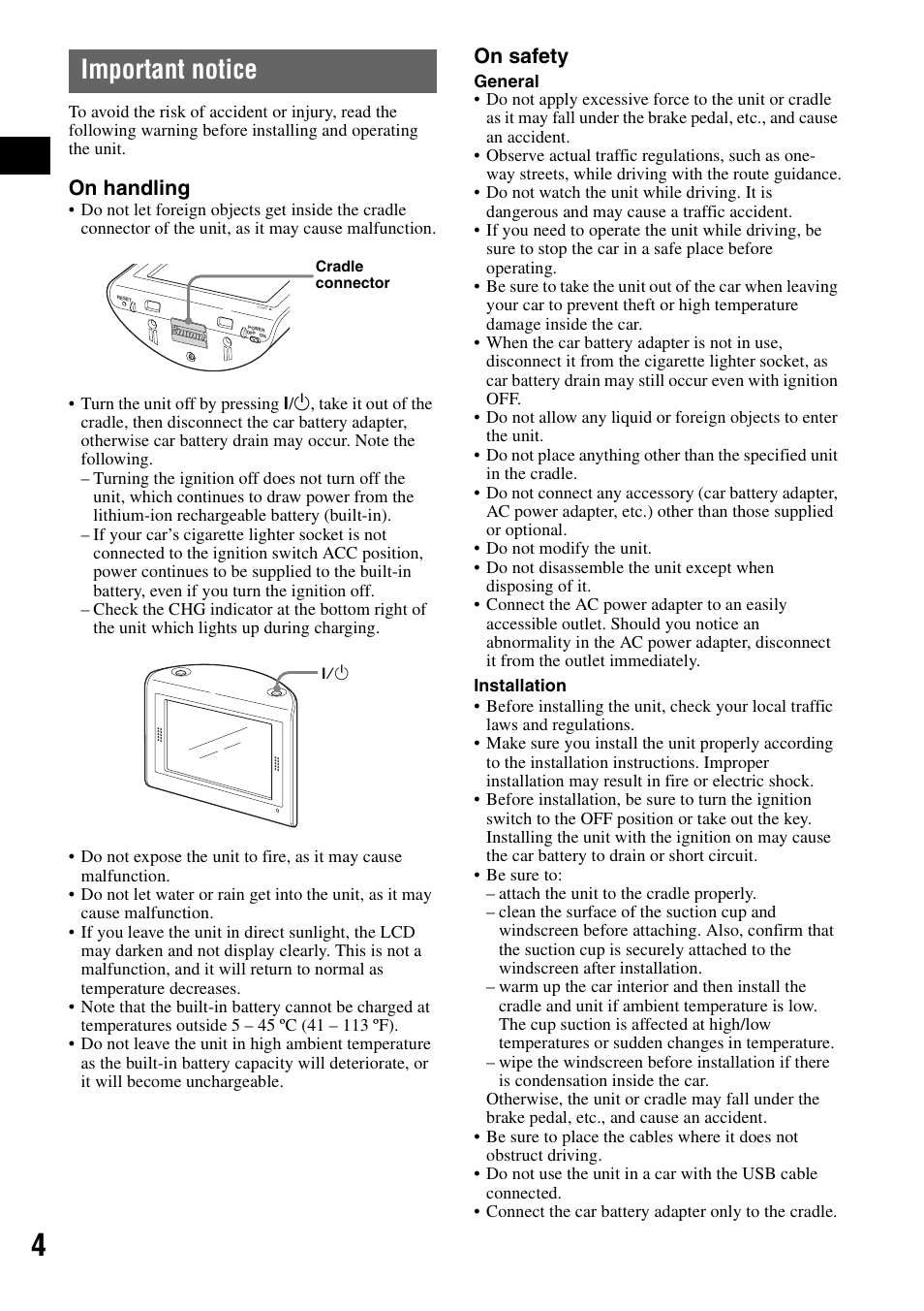 Important notice, On handling, On safety | Sony NV-U50 User Manual | Page 4 / 216