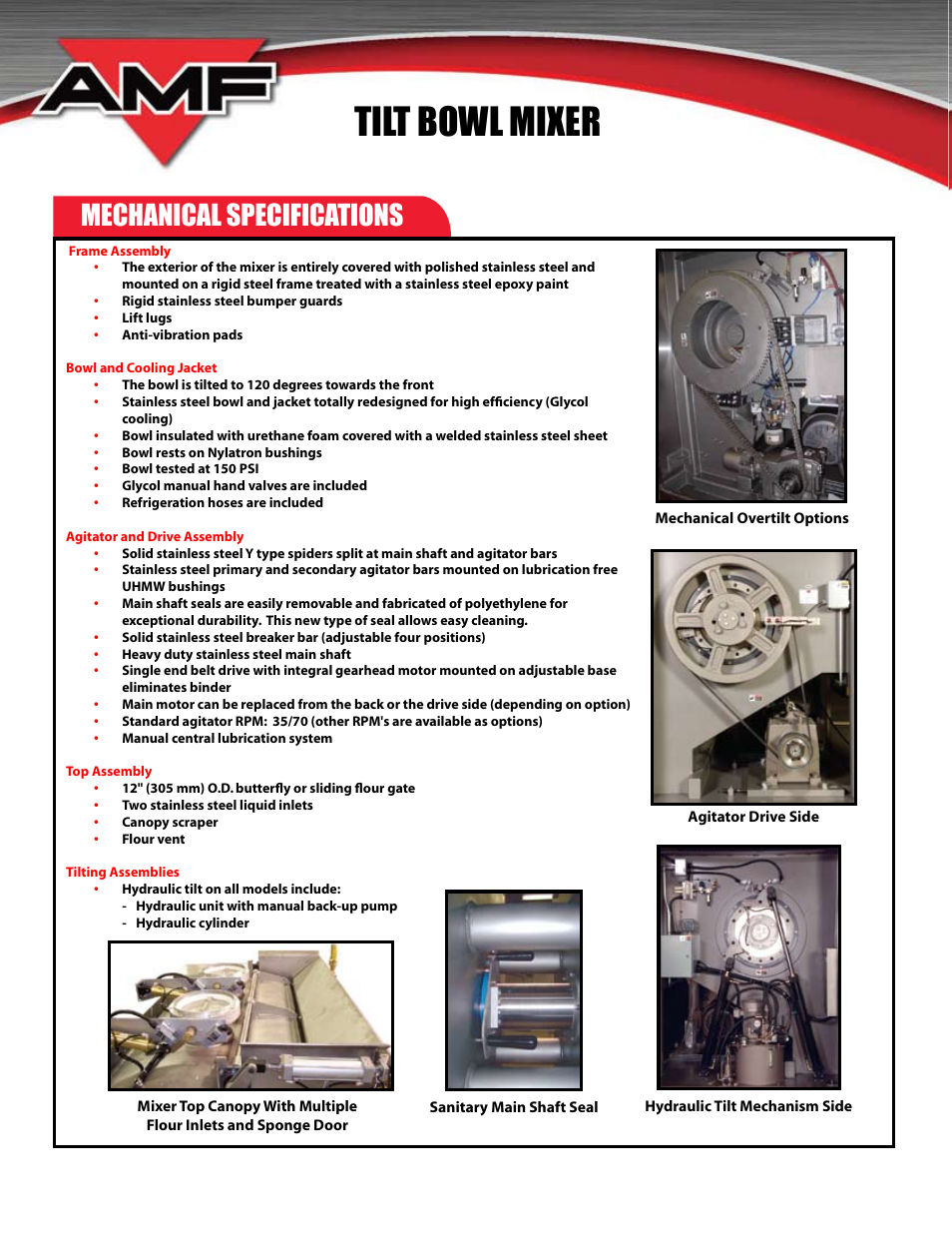 Tilt bowl mixer, Mechanical specifications | AMF TILT Bowl Mixer (TBM) User Manual | Page 2 / 4