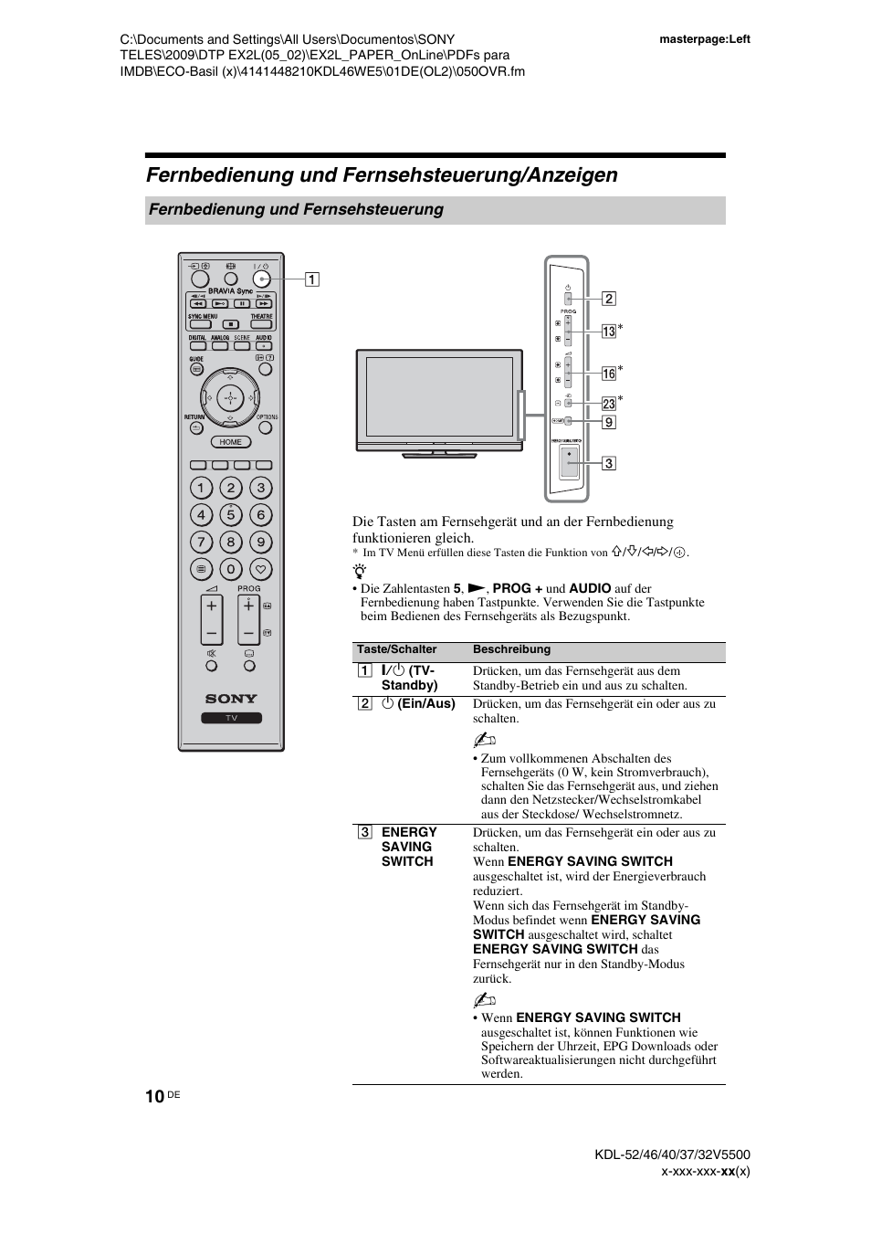 Fernbedienung und fernsehsteuerung/anzeigen, Fernbedienung und fernsehsteuerung | Sony KDL-40WE5 User Manual | Page 10 / 152
