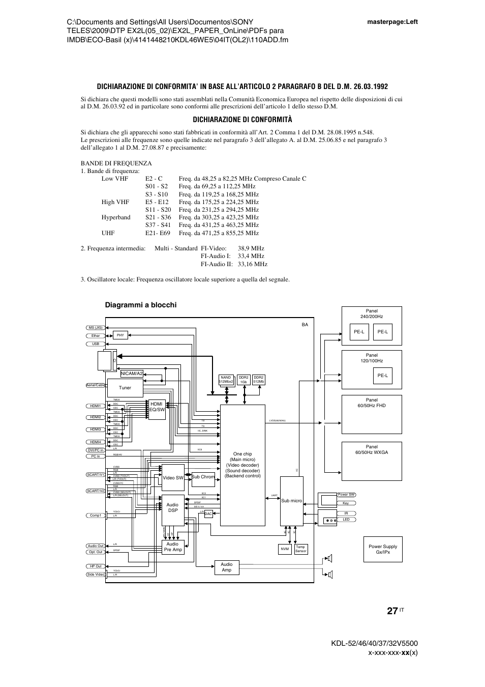 Bande di frequenza, S01 - s2 freq. da 69,25 a 112,25 mhz, S3 - s10 freq. da 119,25 a 168,25 mhz | High vhf e5 - e12 freq. da 175,25 a 224,25 mhz, S11 - s20 freq. da 231,25 a 294,25 mhz, Hyperband s21 - s36 freq. da 303,25 a 423,25 mhz, S37 - s41 freq. da 431,25 a 463,25 mhz, Uhf e21- e69 freq. da 471,25 a 855,25 mhz, Fi-audio i: 33,4 mhz, Fi-audio ii: 33,16 mhz | Sony KDL-40WE5 User Manual | Page 102 / 152