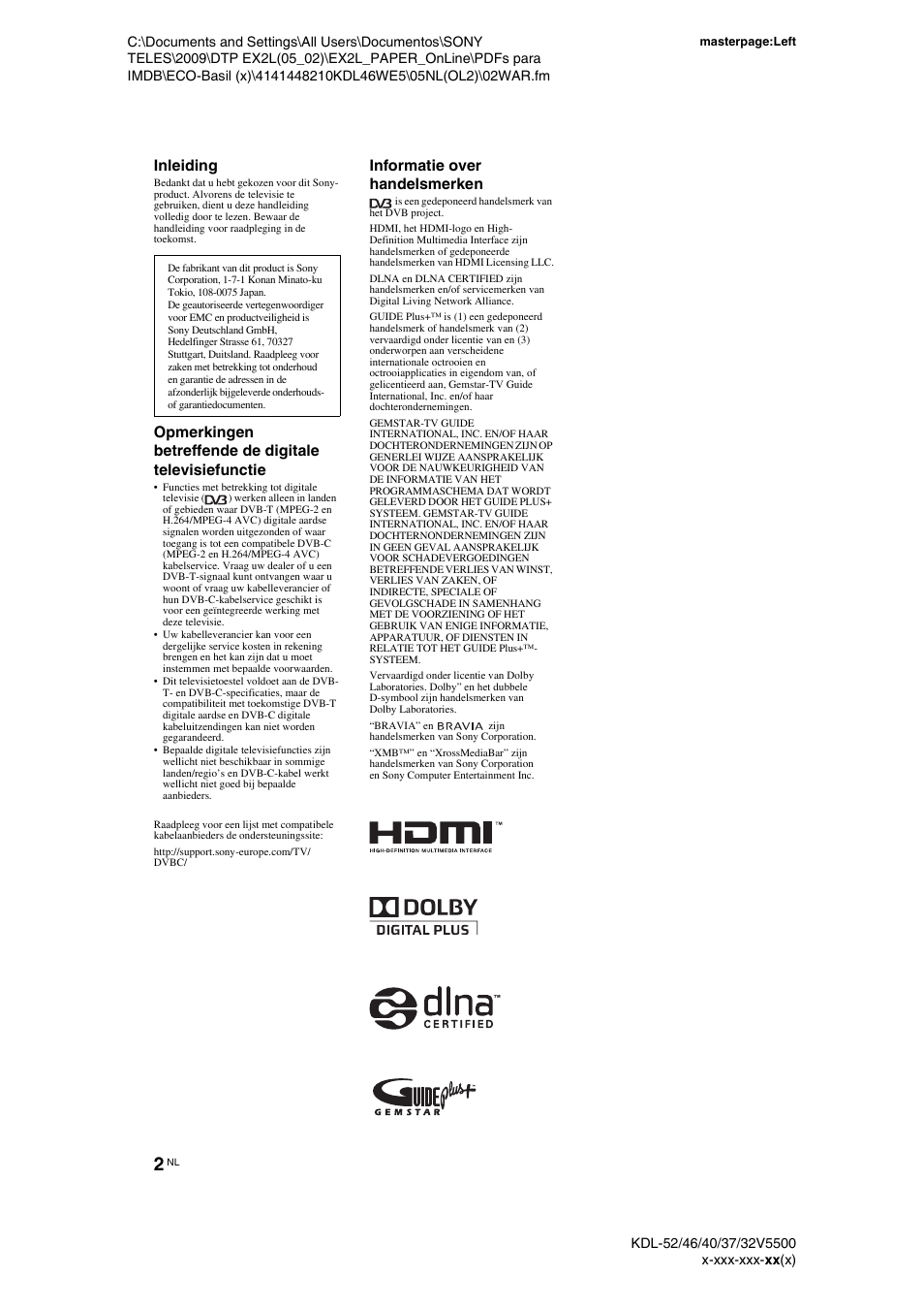 Inleiding, Informatie over handelsmerken | Sony KDL-40WE5 User Manual | Page 103 / 152