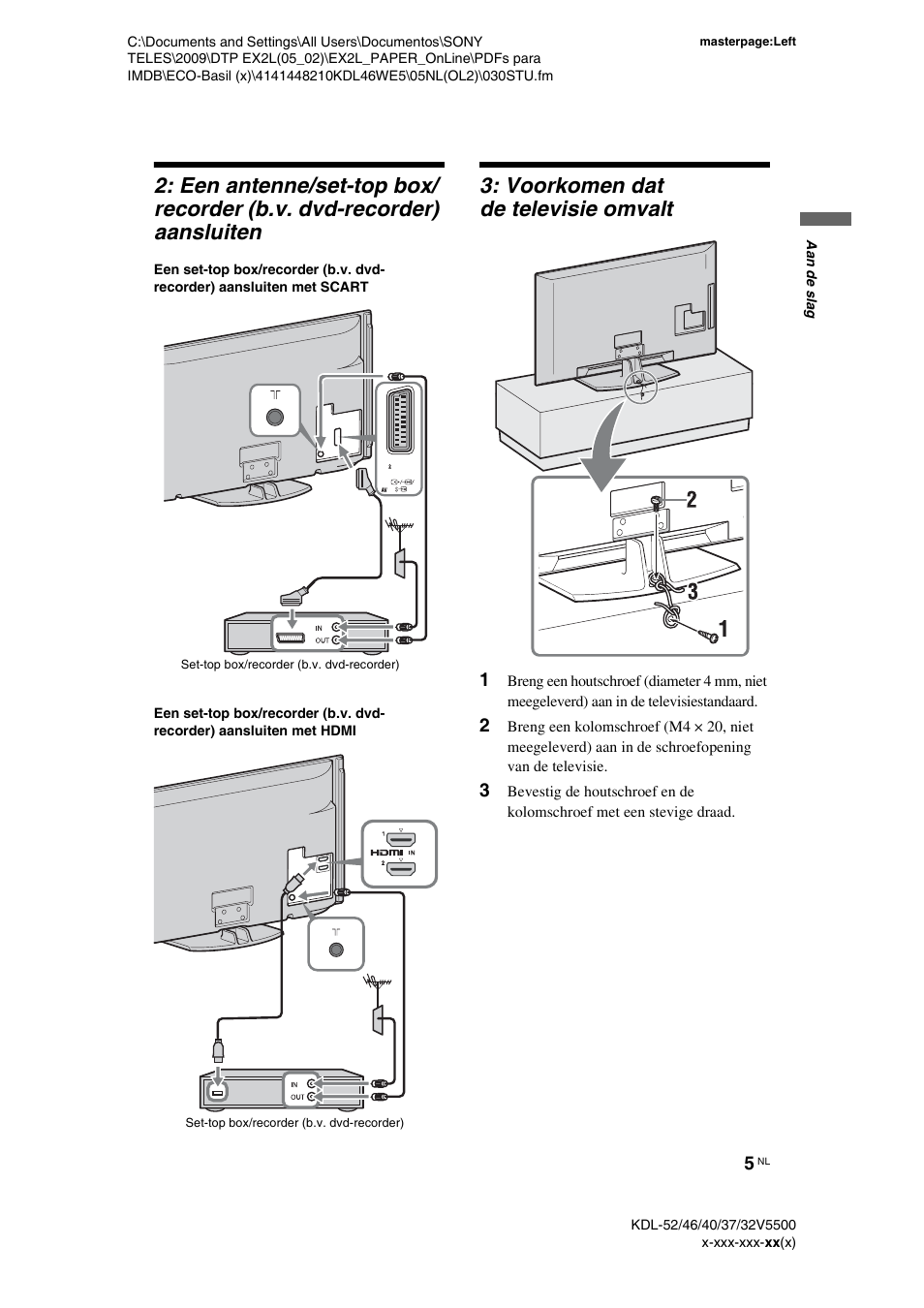 Voorkomen dat de televisie omvalt | Sony KDL-40WE5 User Manual | Page 106 / 152
