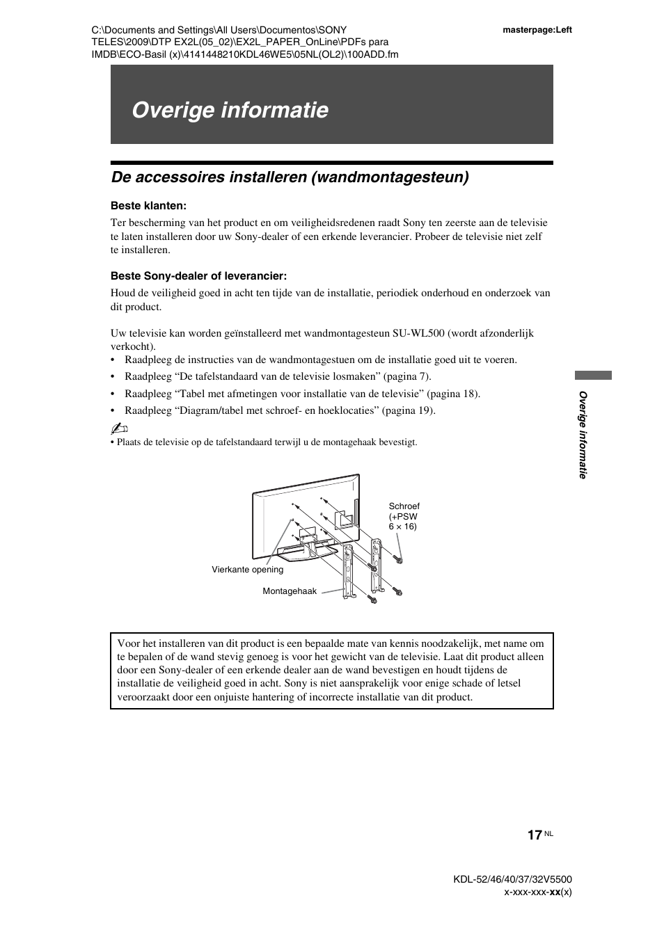 Overige informatie, De accessoires installeren (wandmontagesteun), Beste klanten | Beste sony-dealer of leverancier | Sony KDL-40WE5 User Manual | Page 118 / 152