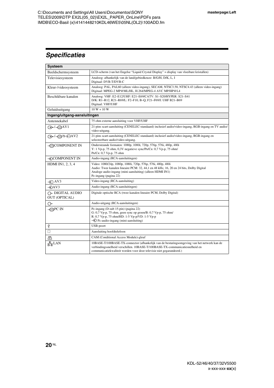 Specificaties | Sony KDL-40WE5 User Manual | Page 121 / 152