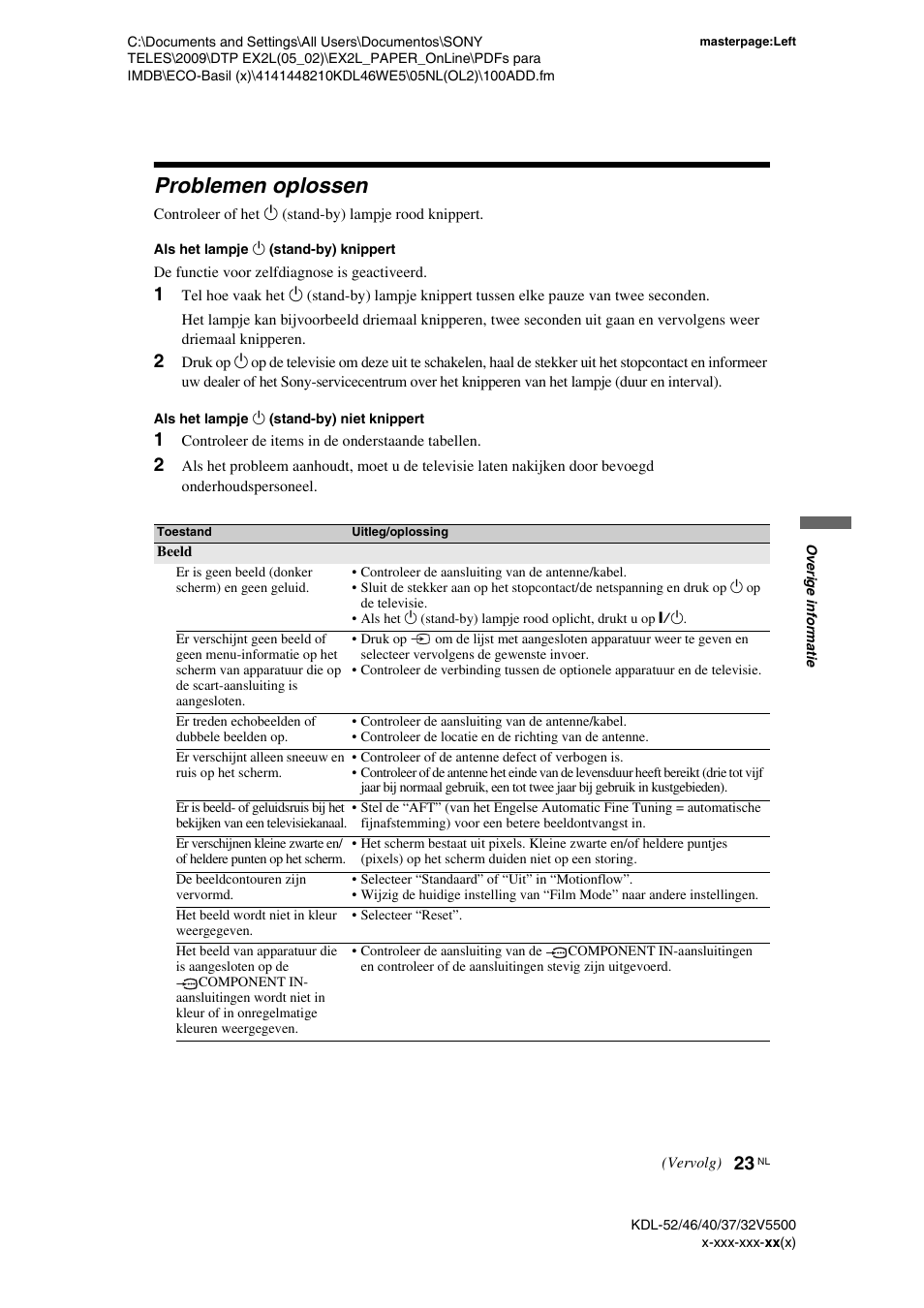 Problemen oplossen, 1 controleer de items in de onderstaande tabellen | Sony KDL-40WE5 User Manual | Page 124 / 152
