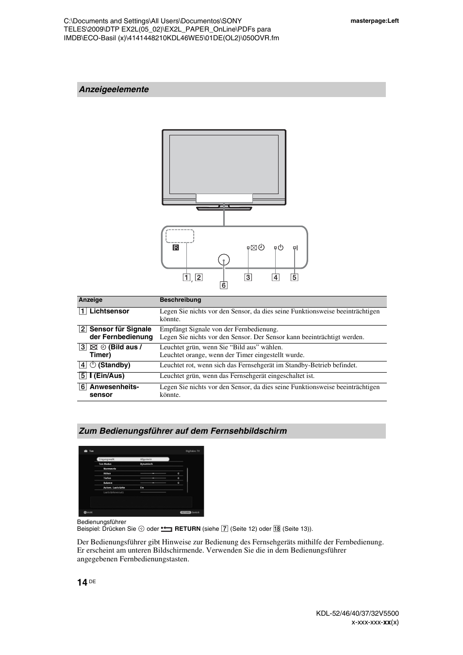 Anzeigeelemente, Zum bedienungsführer auf dem fernsehbildschirm | Sony KDL-40WE5 User Manual | Page 14 / 152