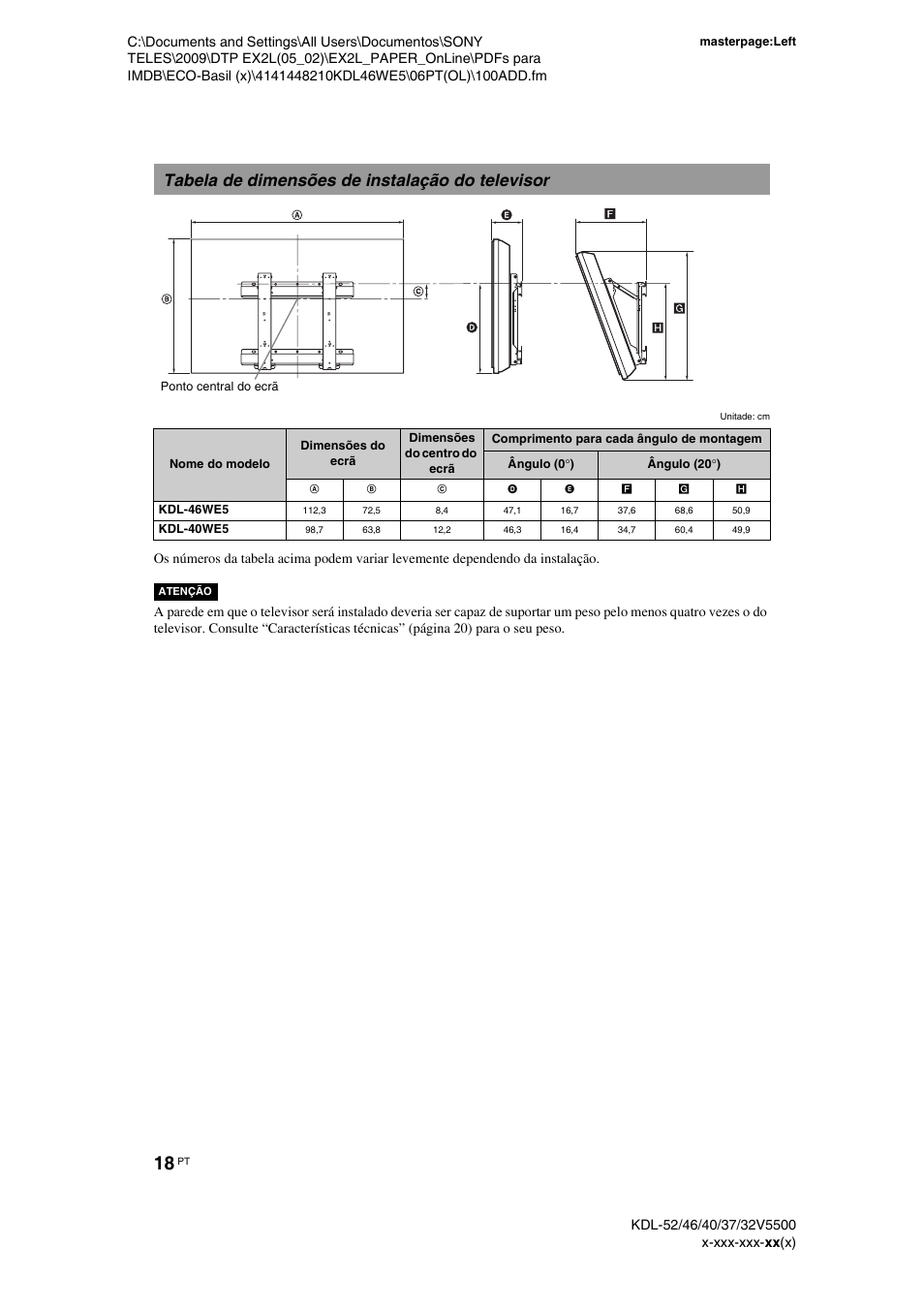 Tabela de dimensões de instalação do televisor | Sony KDL-40WE5 User Manual | Page 144 / 152