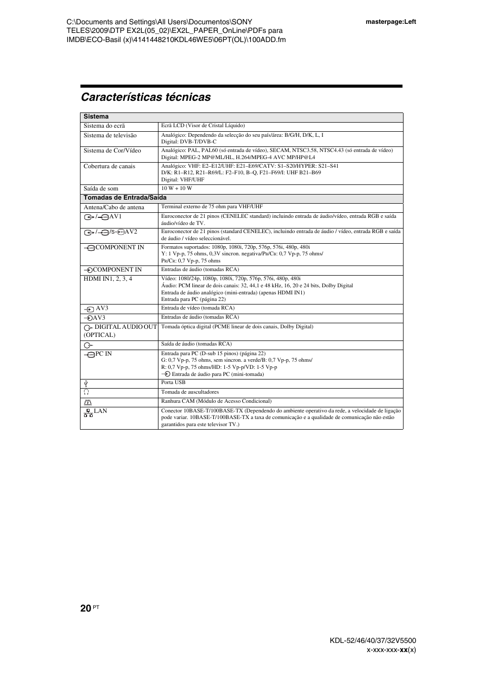 Características técnicas | Sony KDL-40WE5 User Manual | Page 146 / 152