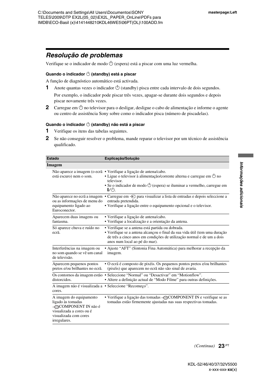 Resolução de problemas, 1 verifique os itens das tabelas seguintes | Sony KDL-40WE5 User Manual | Page 149 / 152