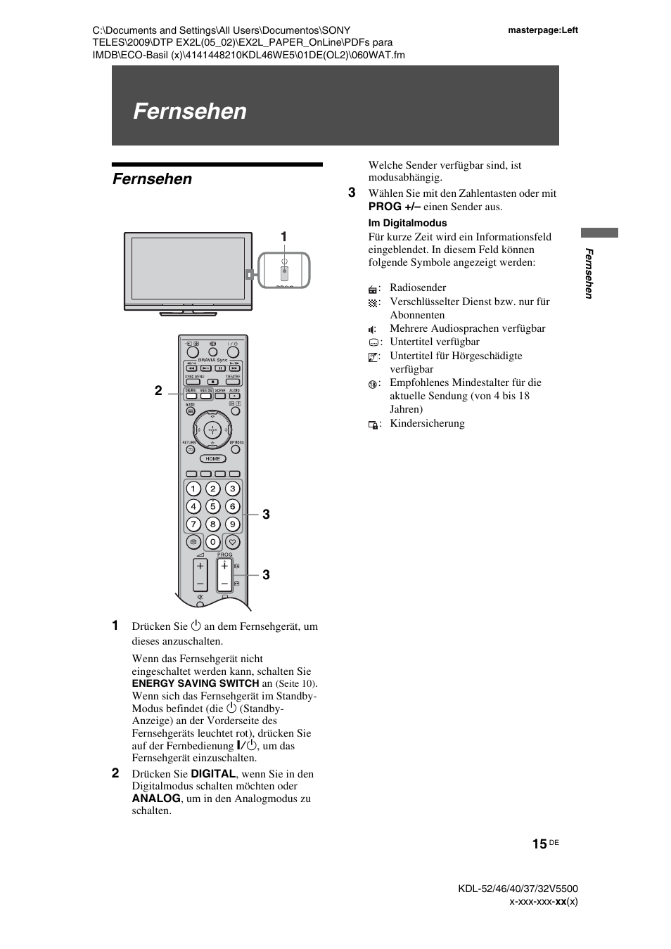 Fernsehen | Sony KDL-40WE5 User Manual | Page 15 / 152