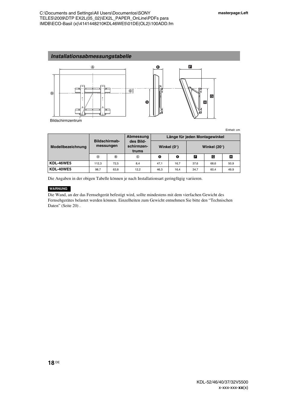 Installationsabmessungstabelle | Sony KDL-40WE5 User Manual | Page 18 / 152